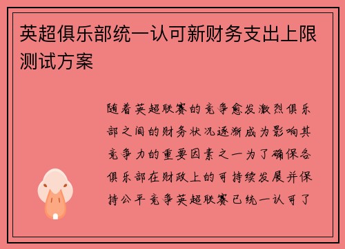 英超俱乐部统一认可新财务支出上限测试方案 英超俱乐部统一认可新财务支出上限测试方案